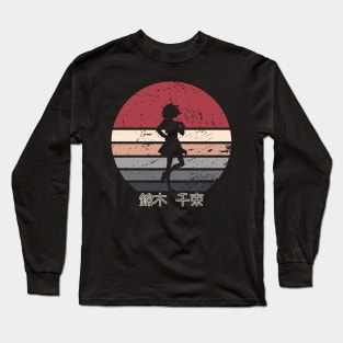 Lycoris Recoil Anime Characters Chisato Nishikigi Transparent Silhouette in Distressed Sunset Vintage Long Sleeve T-Shirt